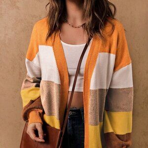 Boho Color Block Drop Shoulder Open Front Cardigan
